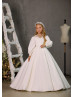 Long Sleeves Beaded Ivory Lace Satin Flower Girl Dress